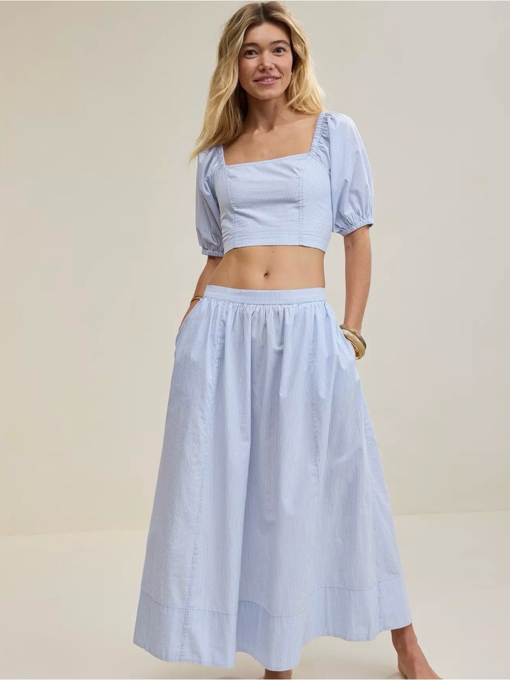 aerie Light Blue Cropped Bustier Puff-Sleeve Off the Shoulder Top